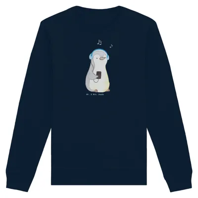 Produktbild von Mr. & Mrs. Panda Baumwoll Pullover Pinguin Musik hören Größe L - French Navy - Geschenk, Lieblingssong, Sweatshirt, Bio, Sweater, Pulli