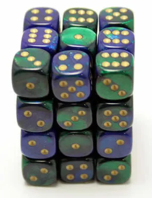 Obrázek produktu pro Chessex Gemini Blue-Green Gold D6 12mm sada kostek 36 kusů