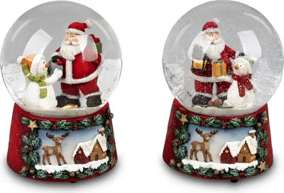 Produktbild von Schneekugel als Spieluhr sort. 15cm 15cm Schneemann + Weihnachtsmann Winterzeit Formano