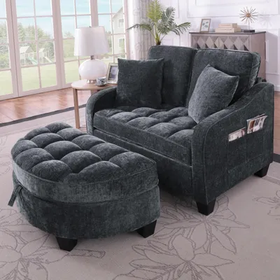 Obrázek produktu pro okwish 2-v-1 Rozkládací postel Modulární pohovka Lounge pohovka s protiskluzovými plastovými nohami, Chaiselongue Relaxační křeslo s úložným taburetem, Černá
