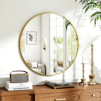 Image de Miroir rond doré (70 cm de diamètre), miroir mural rond avec cadre en alliage d'aluminium, idéal pour la salle de bains, la coiffeuse, le salon, la chambre à coucher, le couloir ou toute autre décoration murale.