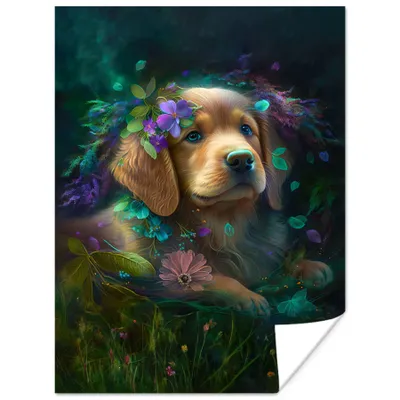 Produktbild von MuchoWow® Poster Hund - Welpe - Blumen - Natur - Golden Retriever 30x40 cm - Wandplakat - Poster Kinderzimmer