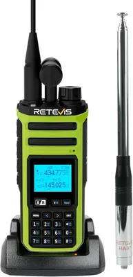 A Retevis A3 handheld radio and its antenna are displayed on a charging cradle against a white background.