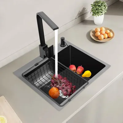 Imagen del producto de Fregadero de cocina de un solo seno, 45x40 cm, acero inoxidable, encimera, con dispensador de jabón