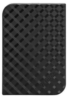 A close-up, top-down view of a black portable SSD with a textured grid pattern.