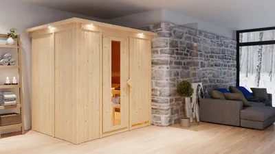 Produktbild von Karibu Sauna Innensauna Bodin Fronteinstieg Ofen 9 KW externe Strg easy 210x165x202 cm mit Dachkranz mit Energiespartür
