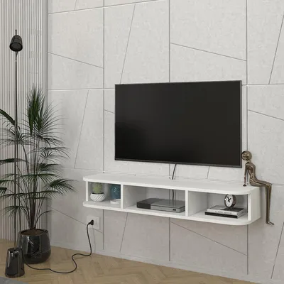 Zdjęcie produktu dla Wisząca szafka RTV 'Oundsvas' z 3 otwartymi przegrodami 120 x 30 x 19 cm biała