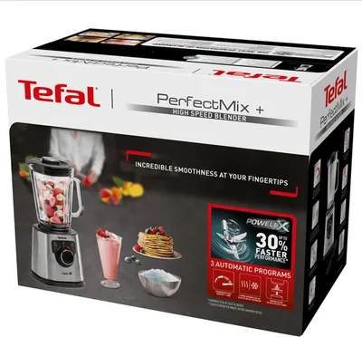The image shows the packaging of a Tefal Perfectmix+ High Speed Blender. The packaging displays the product, along with marketing text and images of food items like pancakes and smoothies.