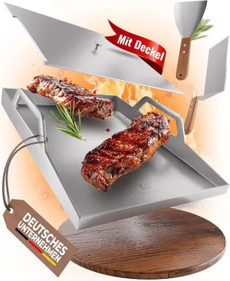Image de - Plancha en acier inoxydable, dimensions 40x30 cm, SANS grille de drainage [avec poignées, couvercle pratique, 2 spatules pour grill]. Plancha pour barbecue à gaz