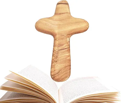 Productafbeelding van Handkruis Olijfhout - Gebedskruis Handbedel - Geloof Uiten - Unieke Textuur - 10 x 6 x 1.7 cm - Natuurlijk Hout