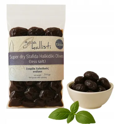Produktbild von Gaia Kallisti Schwarze Oliven mit Kern 250 g – Getrocknete Halkidiki-Oliven aus Griechenland