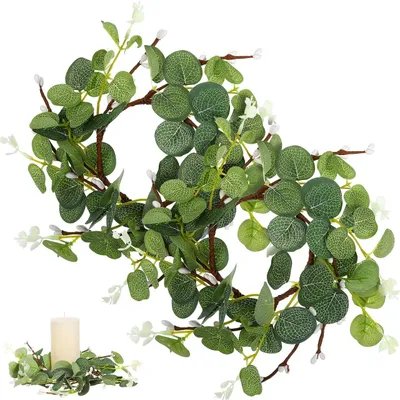 Productafbeelding van Kaarsenhouder - Kunstmatige Eucalyptus Bladeren - Decoratie Tafelblad - Boho Krans - Veilig en Duurzaam - 8 cm