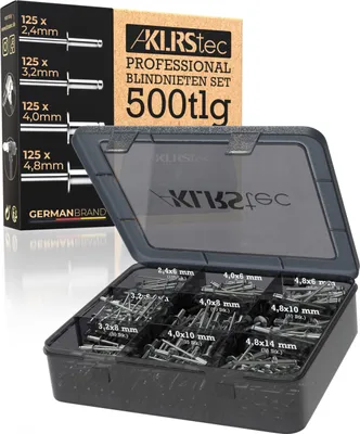 KLRStec Professional Blindnieten Set [500tlg.] Aluminium/Stahl Popnieten Set für Nietenzangen 125 Stk. jeder Größe (2,4mm, 3,2mm, 4,0mm und 4,8mm)