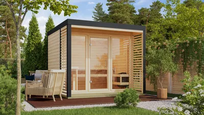 Productafbeelding van Karibu Saunahuis Buiten sauna Tuin sauna Ares 3, onbehandeld, oven 11 kW, , externe bediening, easy, 38mm massief hout, 277x276x232 cm