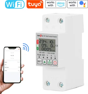 Zdjęcie produktu dla tongou Tuya WiFi Inteligentny miernik energii z pomiarem napięcia Zabezpieczenie przed upływem prądu 63A AC85-300V z wyświetlaczem LCD Obsługa zdalnego sterowania APP Kompatybilny z Alexa Google Assistant