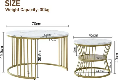 Produktbild von Modernes Couchtisch Set - Runder Satztisch - Tischplatte in Marmoroptik - Metallgestell - 2-teiliges Wohnzimmertisch Set - Gold