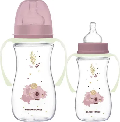 Obrázok produktu pre Canpol Babies Antikoliková fľaša so širokým hrdlom a svietiacimi rúčkami, Sleepy Koala, 300 ml - lila