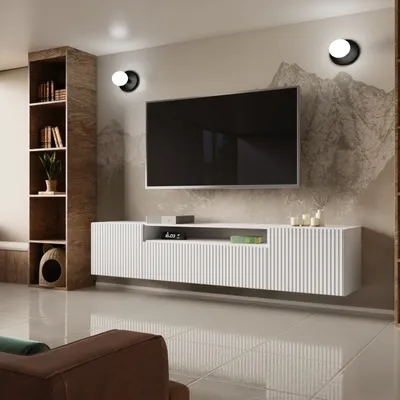 Produktbild von TV-Schrank Fernsehschrank TV-Lowboard 200 cm vertikal gefräste Fronten modernes Design dreitürig Wohnzimmer Wandmontage (Farbe: weiß, weiß)