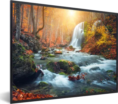 Produktbild von MuchoWow® Gerahmtes Poster Wasserfall - Sonne - Herbst 80x60 cm - Poster mit Schwarzem Bilderrahmen Wandposter Rahmen Foto Bilder - Schwarzem - Mit Gestell