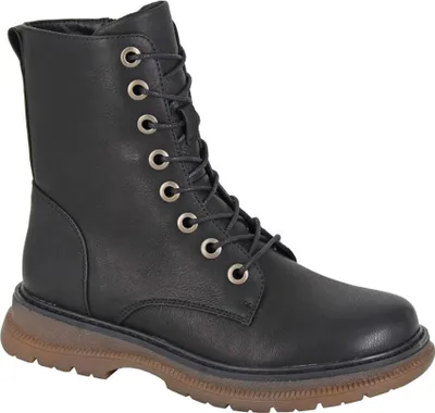 A black lace-up boot with a brown sole.