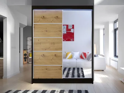 Obrázek produktu pro Šatní skříň 150 cm se zrcadlem a LED osvětlením PIRITU 3 - černá / dub artisan