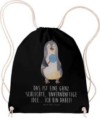 Produktbild von Mr. & Mrs. Panda Drawstring Bag Pinguin Lolli - Schwarz - Geschenk, Unvernünftig, Jutebeutel, wander rucksack, Baumwolltasche, gymnastiktasche, Süßigkeiten, Kleiner