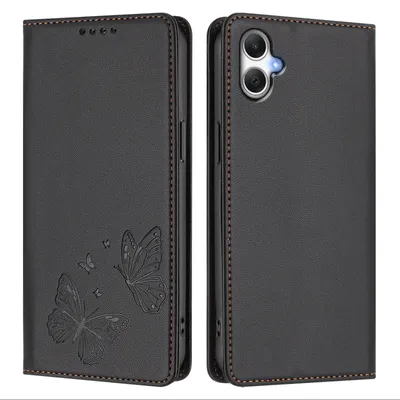 Produktbild von Lederhülle für Samsung Galaxy A05, Schmetterling Prägung Leder Brieftasche Schutzhülle mit Ständer Schwarz