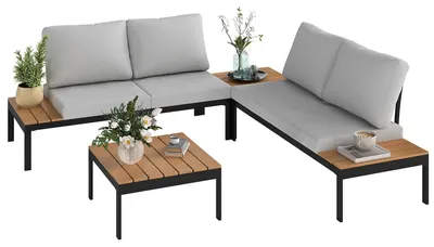 Immagine prodotto di Set Salotto da Giardino Modulabile 2 Divanetti e 2 Tavolini in Metallo e Legno Composito Grigio Nero e Teak