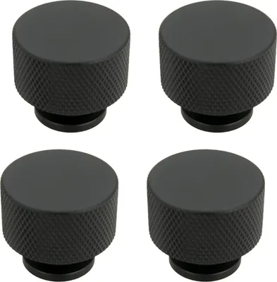 Image de lot de 4 boutons de meubles classiques noirs en aluminium, ronds, 28,5 mm, noir mat pour armoires et tiroirs, durables et élégants, vis de montage incluses.
