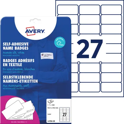 Produktbild von Avery Zweckform L4784-20, Namens-Etiketten, 63,5 x 29,6  mm, 120 g/m², 540 Etiketten / 20 Bögen