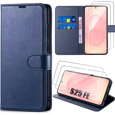 Image de Coque + 2 Verres Trempés pour Samsung Galaxy S25 FE, Protection Anti-Rayures Antichoc Synthécuir Bleu Marine