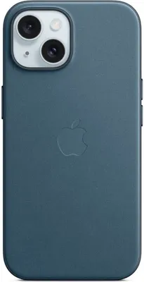 The back of a blue iPhone 15 case with the Apple logo embossed in the center.