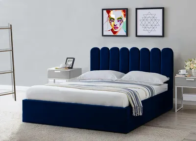 Produktbild von Polsterbett Venezia - Bett mit Stauraum, Bettkasten mit Gasdruckfeder, Kopfteil in Lamellenform, Silberne Beine, Velutto Stoff 212x170x103 cm Blau
