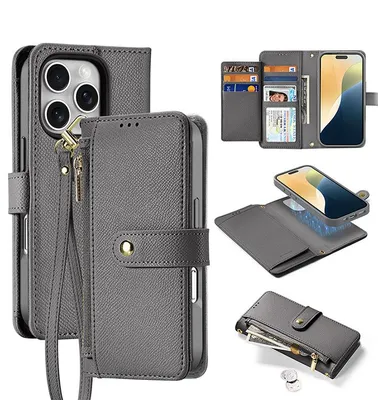 Produktbild von Handyhülle für iPhone 15/16/17, 2-in-1 Magnetische Abnehmbare Leder-Klapphülle mit Kartenfach, Geldbörse & Handgelenkband, MagSafe, Grau