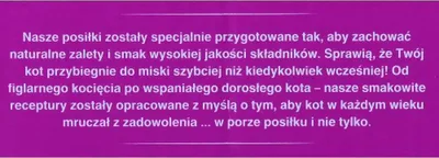 A purple background with white text describing the benefits of a cat food product.