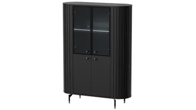 Produktbild von MINIO go for it, hohe Vitrine „ZAMA“ 155 / 112,3 / 40 cm, mit Glastüren, mit LED-Beleuchtung, dekorative abgerundete Seiten, Schwarze Farbe