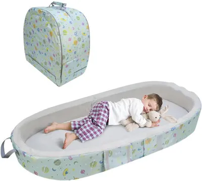Image de Lit de voyage pliable et portable Azomor pour enfants, avec matelas et barrières de sécurité