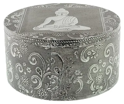 Productafbeelding van Metalen sieradenkistje, rond, met Boeddha-decoratie, zilverkleurig, in Hindoestijl
