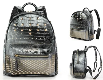 Produktbild von Eleganter Damenrucksack schwarz silber mit Nieten Rucksack klein leicht Mädchen Damen