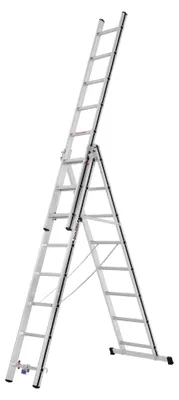 Zdjęcie produktu dla Drabina uniwersalna Hymer Alu Pro, trzyczęściowa, 3x8 szczebli, długość 2,29 / 5,10 m, wysokość zasięgu 4,30 / 5,96 m, waga 13,5 kg