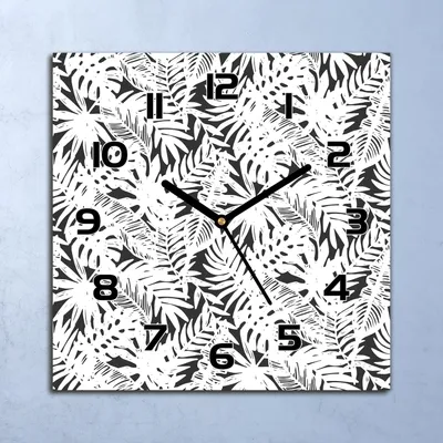 Produktbild von Wanduhr Echt-Glas-Küchenuhr Schwarz-weiße Blätter Quarz 30x30 Deko Bilder
