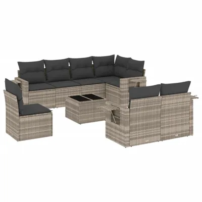 Produktbild von Möbel 9-tlg. Garten-Sofagarnitur/Garten-Essgruppe - Lounge-Set - Balkonmöbel Set - mit Kissen Hellgrau Poly Rattan - Gartenmöbelset CLORIS4448989