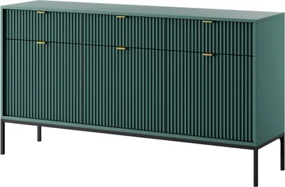 A studio shot of a blue-green sideboard with black legs.
