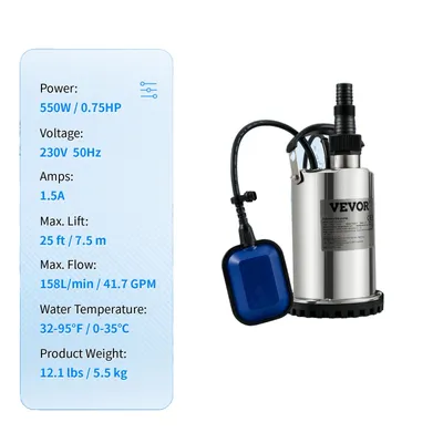 Obrázek produktu pro Ponorné čerpadlo na odpadní vodu, výkonný elektromotor, účinné odčerpávání vody, 550W 0,75PS, EU