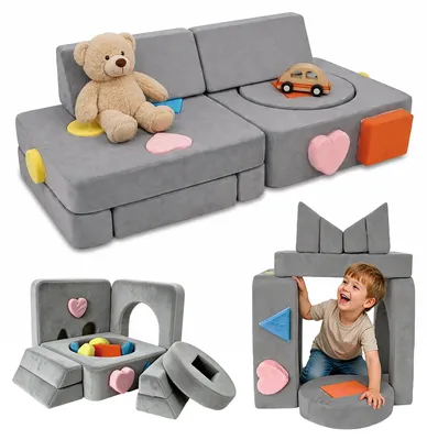 Produktbild von Relaxdays Kinder-Spielsofa, modular, 18-tlg., weiche Bausteine, Kindercouch, Velours, HBT 40x130x65cm, Spielcouch, grau