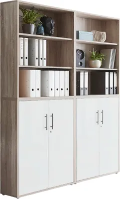 A two-sectioned filing cabinet with shelves and doors.
