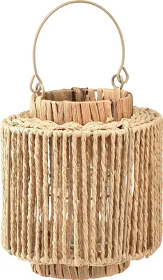 Produktbild von Boho Windlicht Laterne Bast Naturfaser Metall Ø19cm H21cm LED-Kerzenhalter