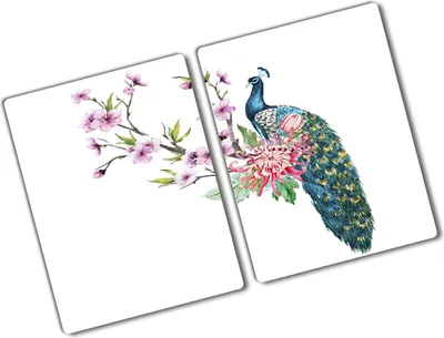 Produktbild von Tulup Glas Herdabdeckplatte - 2x40x52 cm - Glaskeramikkochfeld-Abdeckung Spritzschutz Glasabdeckplatte Kochplattenabdeckung und Schneidebrett - Zweiteilig - Tiere - Pfau und Blumen - Mehrfarbig