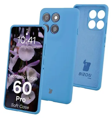 A blue phone case is displayed next to a phone with a blue case, showing the camera array and the phone's screen.