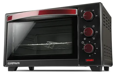 A studio shot of a black and red G3 Ferrari electric oven.